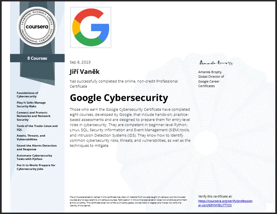Cyber Security certifikát - Jiří Vaněk